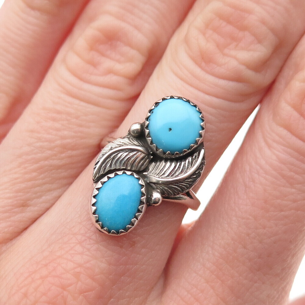Old Pawn Sterling Silver Vintage Southwestern Turquoise Feather Ring Size 6.5